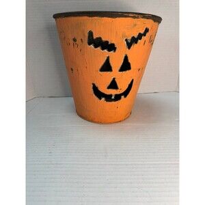 Vintage Halloween Jack-O-Lantern Decorative Metal Bucket Handmade Planter